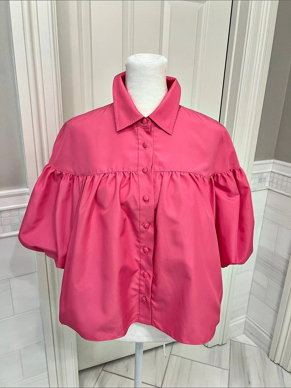 Derek Lam 10 Crosby Button Front Puff Sleeve Top in Pink Size 4 NWT